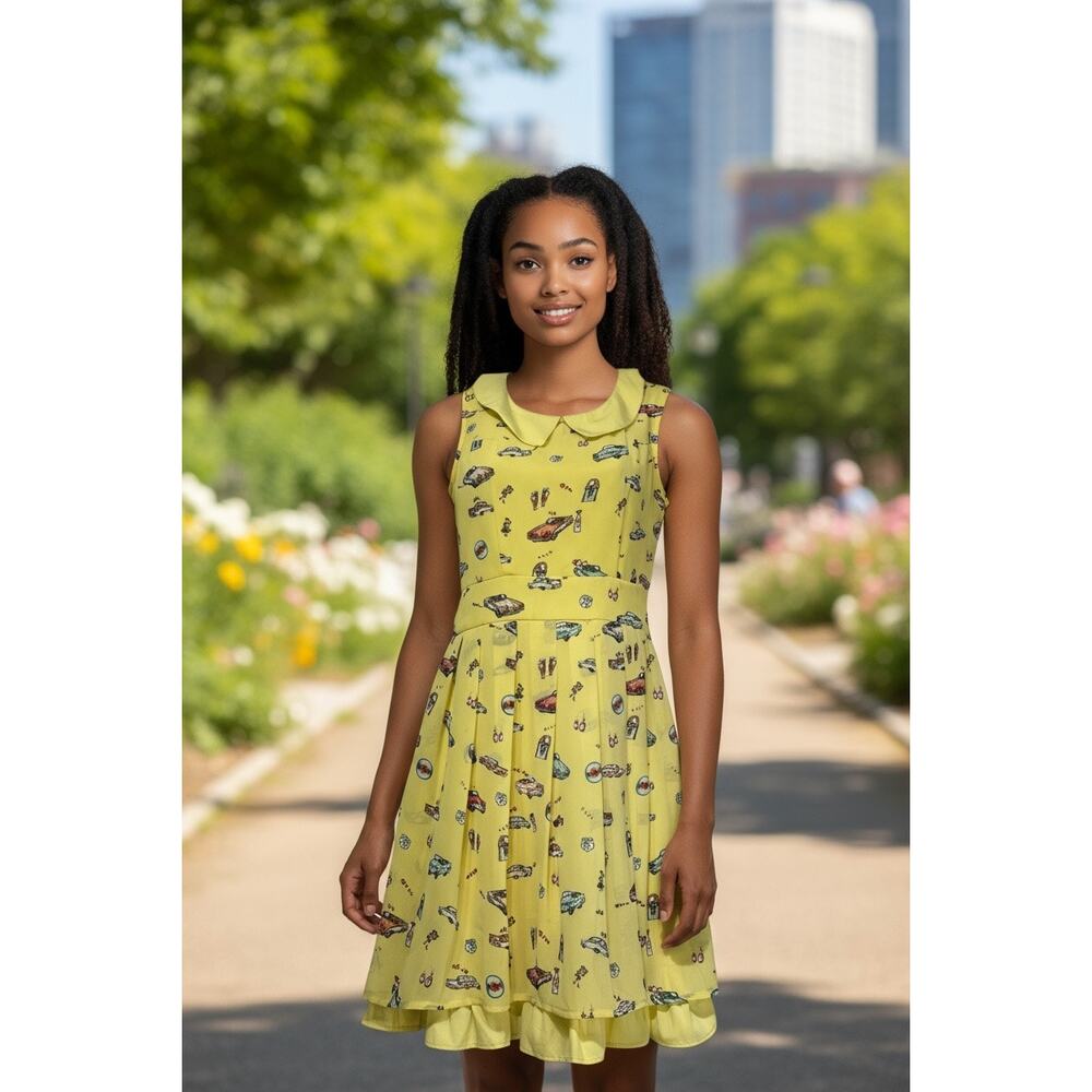 Yumi Kim Retro Mod car Hop Milkshake print layered collar yellow UK dress Size 4